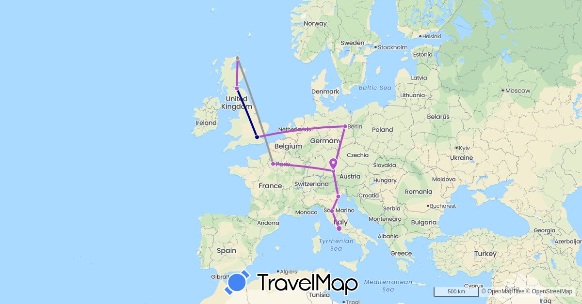 TravelMap itinerary: driving, plane, train in Germany, France, United Kingdom, Italy (Europe)